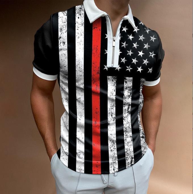 New men's casual breathable short sleeved T-shirt POLO shirt casual lapel 3D printed short sleeved zipper POLO men's clothing