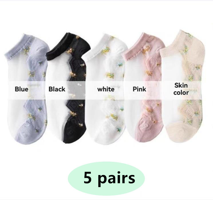 5 pairs  Women’s Ankle Socks – Lightweight Summer Crystal Stockings with Cotton Soles, Anti-Odour and Breathable