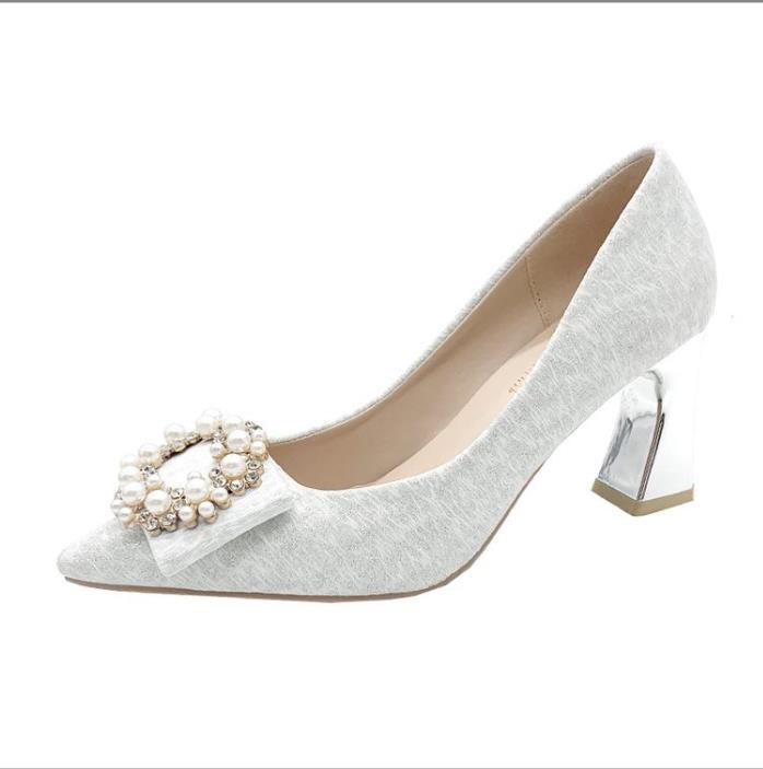 Women's High-Heeled Pumps with Chunky Heels, Open-Toe Design and Pearl Buckle – Fashionable Bridesmaid and Party Shoes
