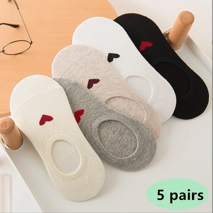 5 pairs  Women's Socks: Heart-Patterned Invisible Ankle Socks with Silicone Anti-Slip Grips