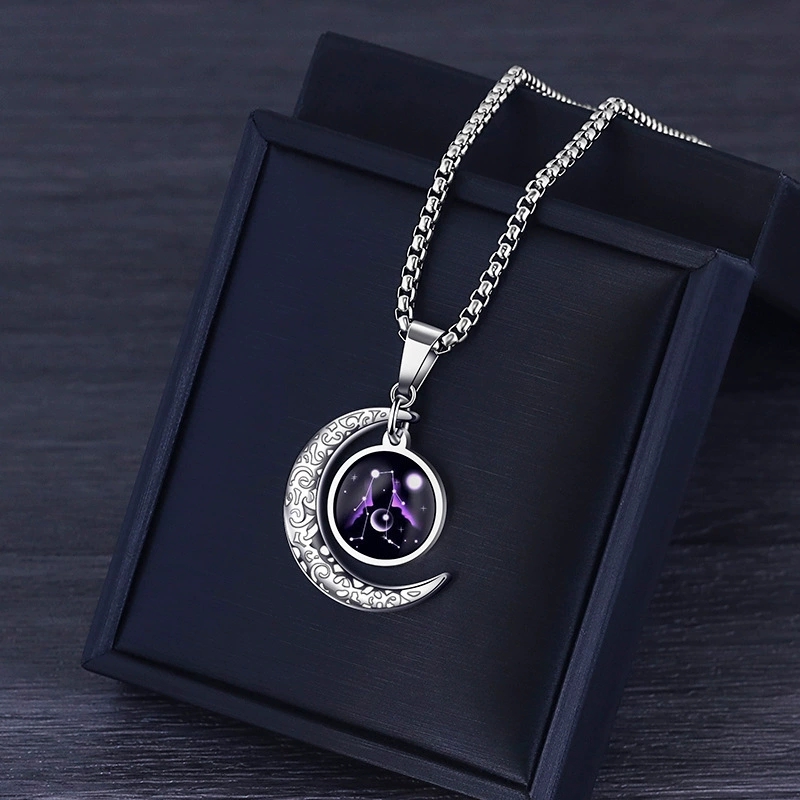 12 Zodiac Signs Moon Glow Titanium Steel Men's Necklace with Stainless Steel Pendant – Colour-Fast Jewellery
