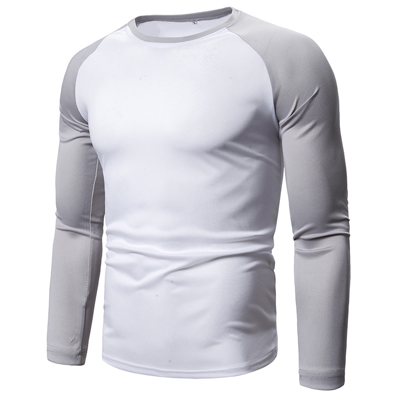 Men's Colour-Blocked Long-Sleeve T-Shirt, Round-Neck Men's T-Shirt, Versatile Geometric Colour-Blocked Top, Men's Wear
