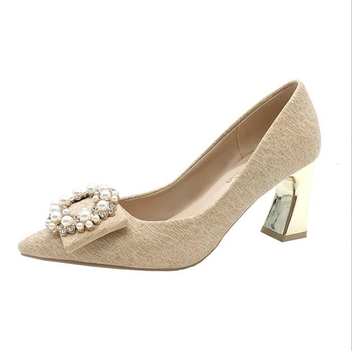 Women's High-Heeled Pumps with Chunky Heels, Open-Toe Design and Pearl Buckle – Fashionable Bridesmaid and Party Shoes
