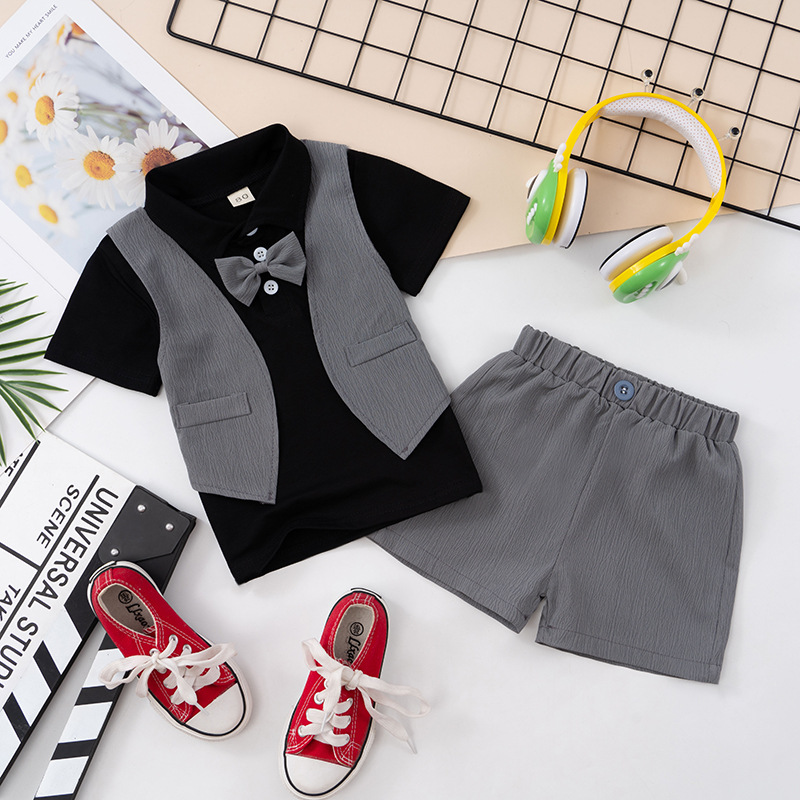 Boys' summer A class cotton suit vest false two-piece short sleeve + shorts two-piece kit