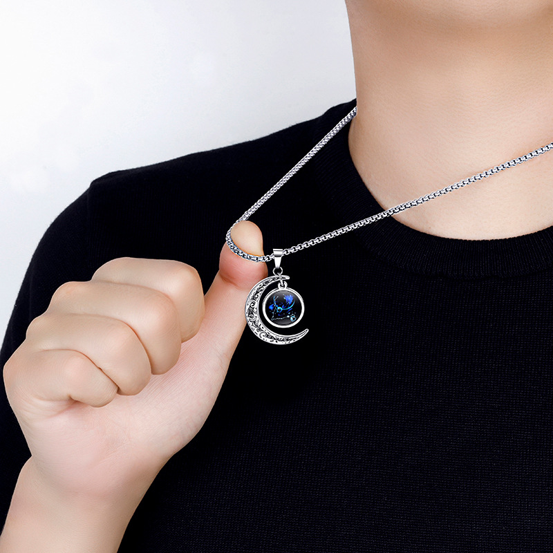 12 Zodiac Signs Moon Glow Titanium Steel Men's Necklace with Stainless Steel Pendant – Colour-Fast Jewellery