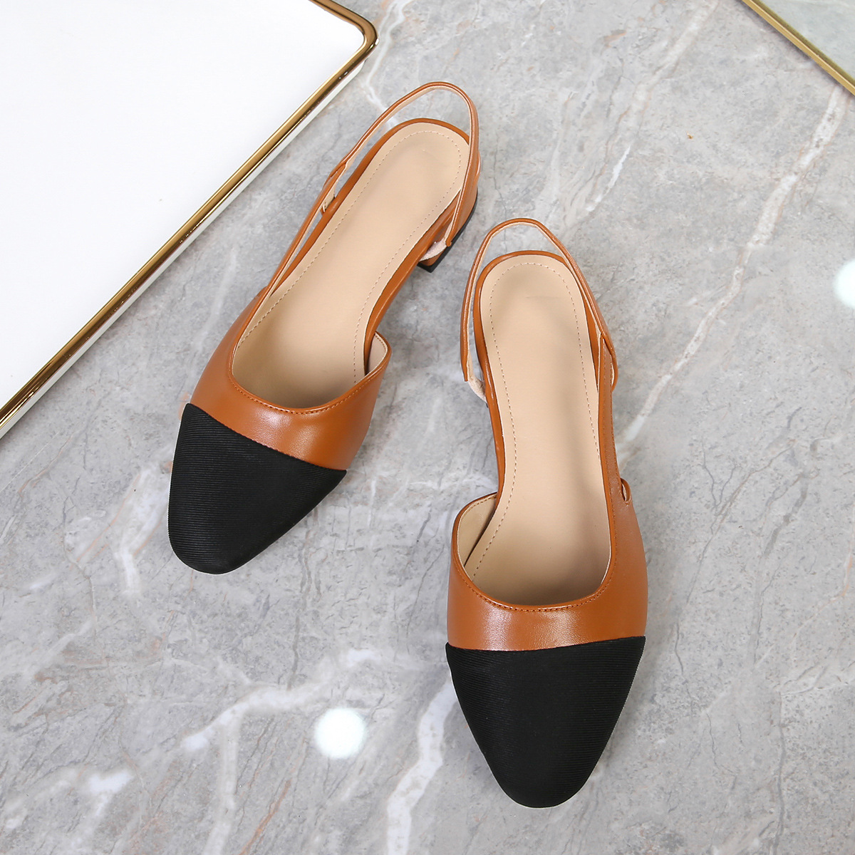 Women's Low-Heeled Open-Back Toe Sandals, Women's Flat Colour-Blocked Chunky-Heeled Pumps
