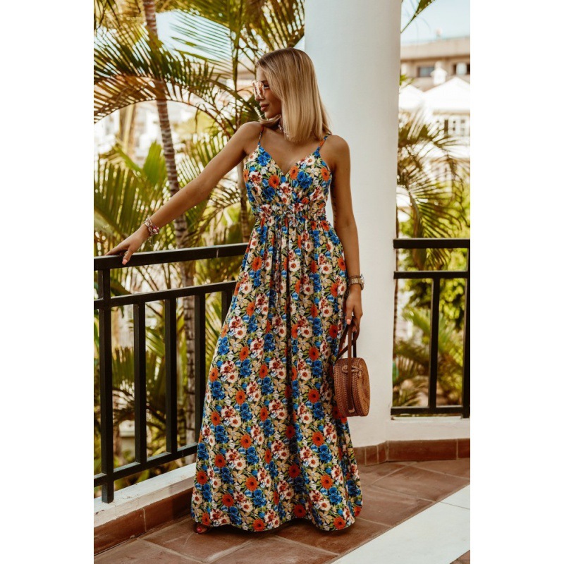 New Fashionable Women's V-neck Dress, Sleeveless Spaghetti-strap Dress, Printed Bohemian Maxi Dress, Women's Dress