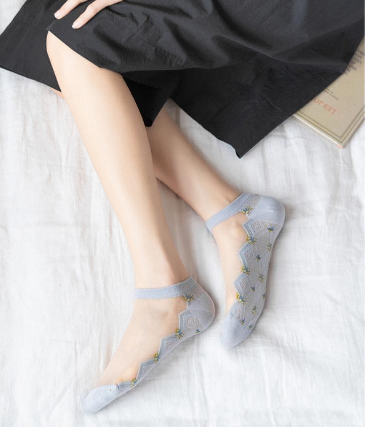 5 pairs  Women’s Ankle Socks – Lightweight Summer Crystal Stockings with Cotton Soles, Anti-Odour and Breathable