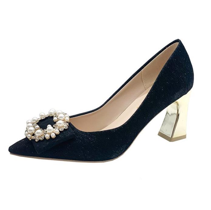Women's High-Heeled Pumps with Chunky Heels, Open-Toe Design and Pearl Buckle – Fashionable Bridesmaid and Party Shoes