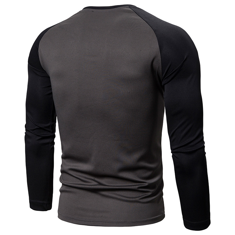 Men's Colour-Blocked Long-Sleeve T-Shirt, Round-Neck Men's T-Shirt, Versatile Geometric Colour-Blocked Top, Men's Wear
