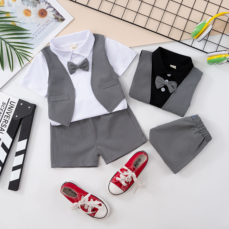 Boys' summer A class cotton suit vest false two-piece short sleeve + shorts two-piece kit