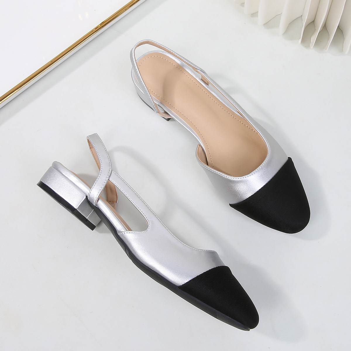 Women's Low-Heeled Open-Back Toe Sandals, Women's Flat Colour-Blocked Chunky-Heeled Pumps