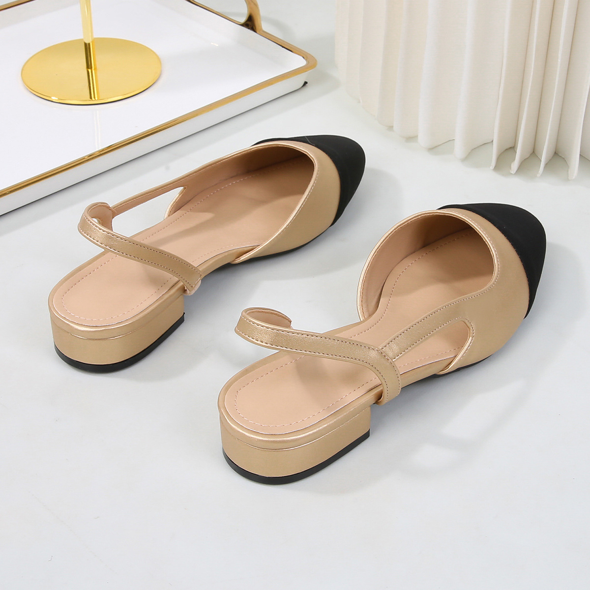 Women's Low-Heeled Open-Back Toe Sandals, Women's Flat Colour-Blocked Chunky-Heeled Pumps