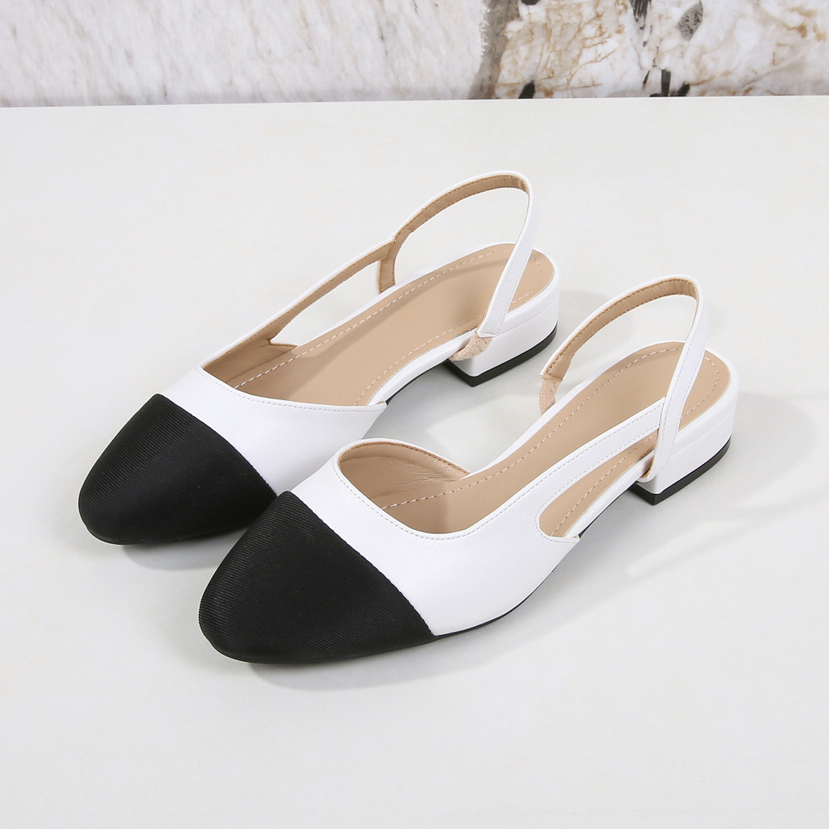 Women's Low-Heeled Open-Back Toe Sandals, Women's Flat Colour-Blocked Chunky-Heeled Pumps