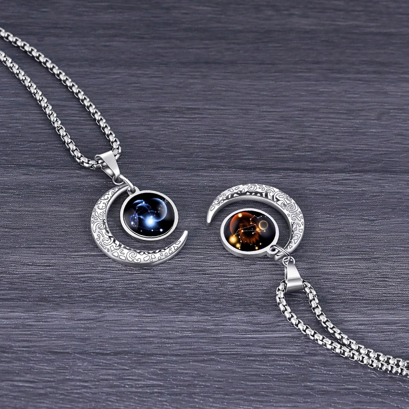 12 Zodiac Signs Moon Glow Titanium Steel Men's Necklace with Stainless Steel Pendant – Colour-Fast Jewellery