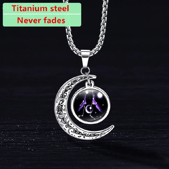 12 Zodiac Signs Moon Glow Titanium Steel Men's Necklace with Stainless Steel Pendant – Colour-Fast Jewellery