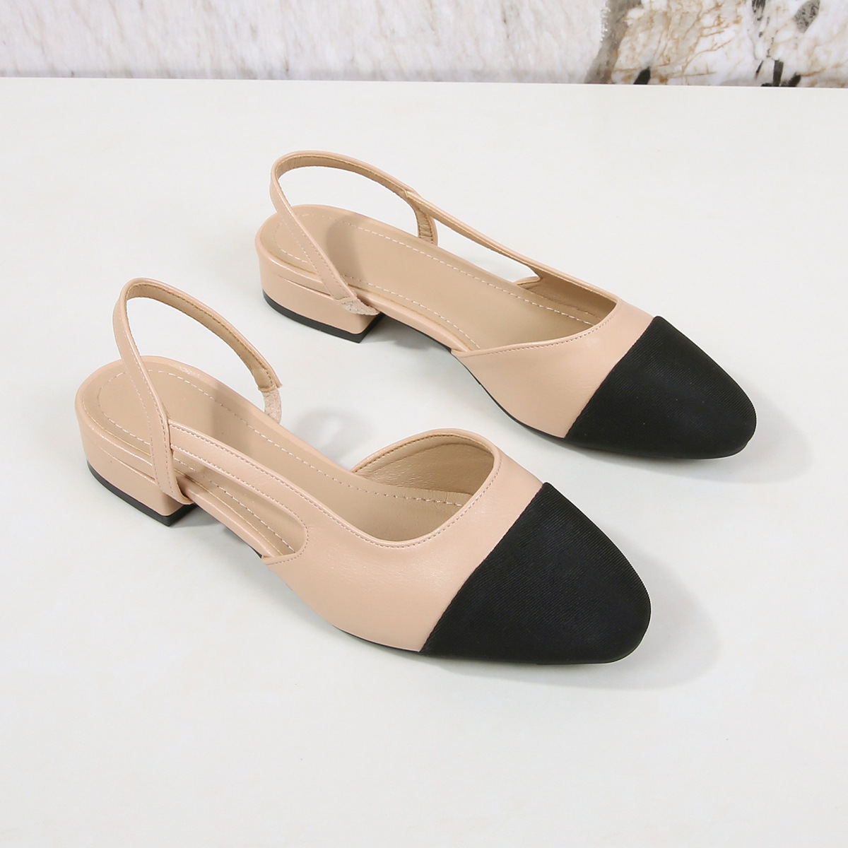 Women's Low-Heeled Open-Back Toe Sandals, Women's Flat Colour-Blocked Chunky-Heeled Pumps