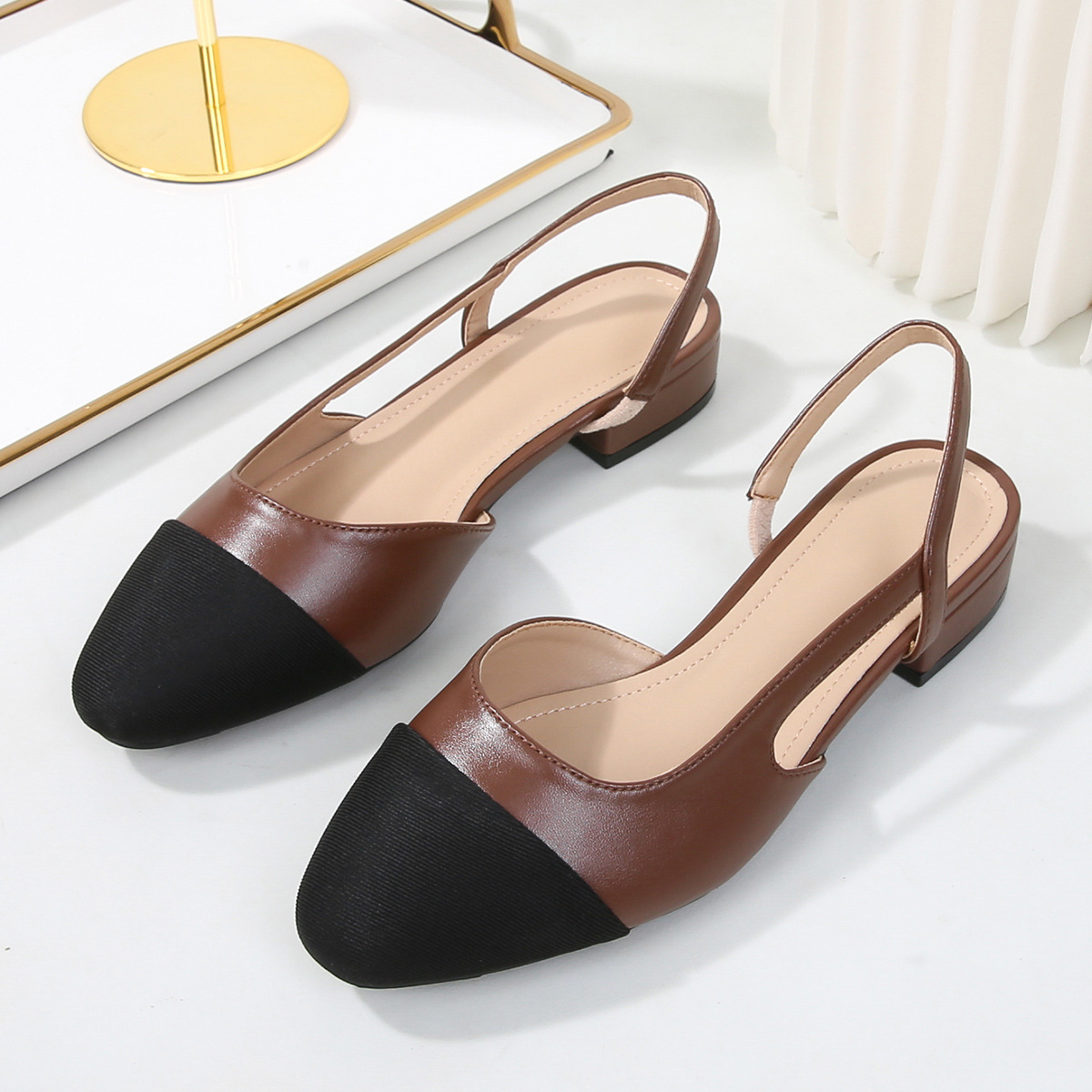 Women's Low-Heeled Open-Back Toe Sandals, Women's Flat Colour-Blocked Chunky-Heeled Pumps