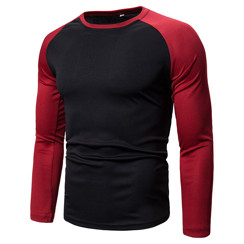 Men's Colour-Blocked Long-Sleeve T-Shirt, Round-Neck Men's T-Shirt, Versatile Geometric Colour-Blocked Top, Men's Wear
