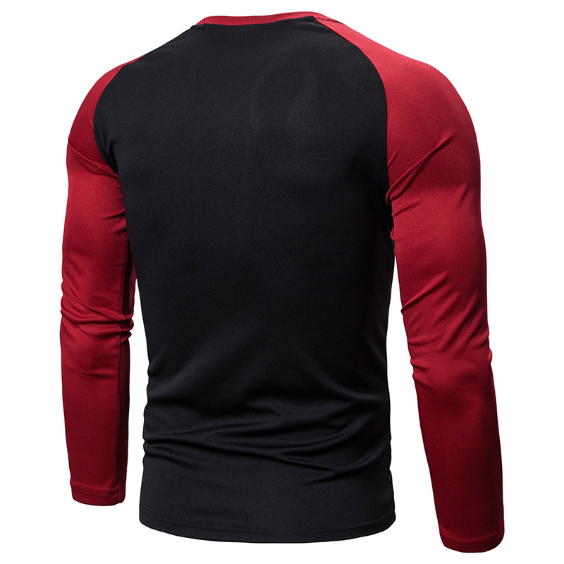 Men's Colour-Blocked Long-Sleeve T-Shirt, Round-Neck Men's T-Shirt, Versatile Geometric Colour-Blocked Top, Men's Wear