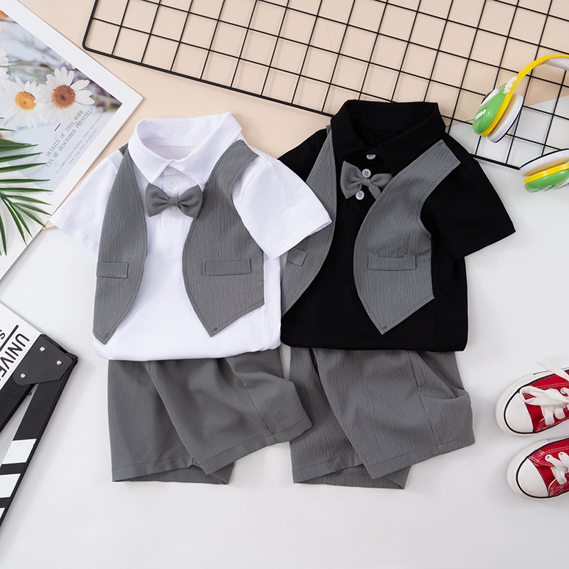 Boys' summer A class cotton suit vest false two-piece short sleeve + shorts two-piece kit