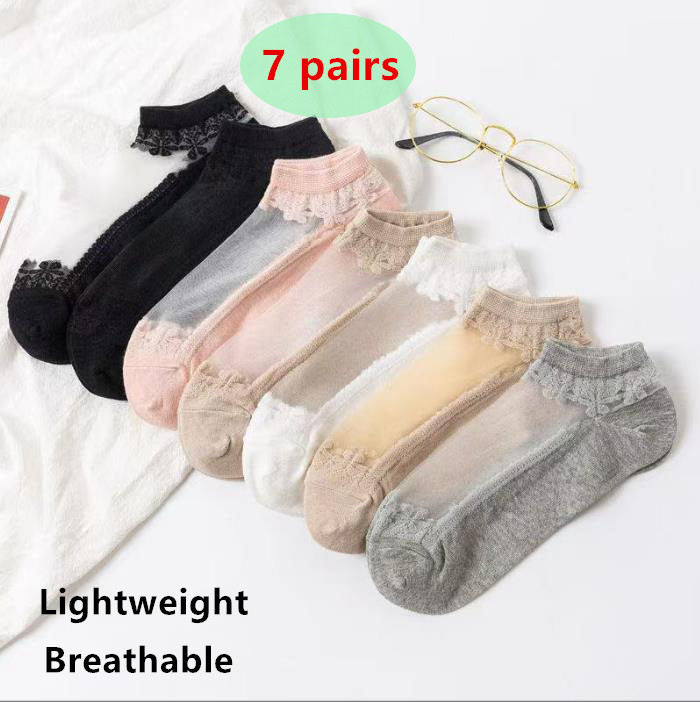 7 pairs  Women’s short socks, breathable, sheer, summer-weight, crystal-effect, low-cut, invisible ankle socks