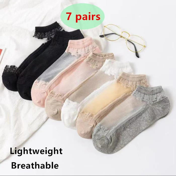 7 pairs  Women’s short socks, breathable, sheer, summer-weight, crystal-effect, low-cut, invisible ankle socks