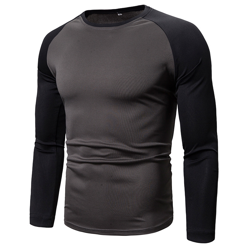 Men's Colour-Blocked Long-Sleeve T-Shirt, Round-Neck Men's T-Shirt, Versatile Geometric Colour-Blocked Top, Men's Wear