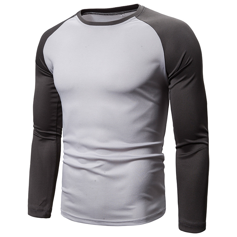 Men's Colour-Blocked Long-Sleeve T-Shirt, Round-Neck Men's T-Shirt, Versatile Geometric Colour-Blocked Top, Men's Wear