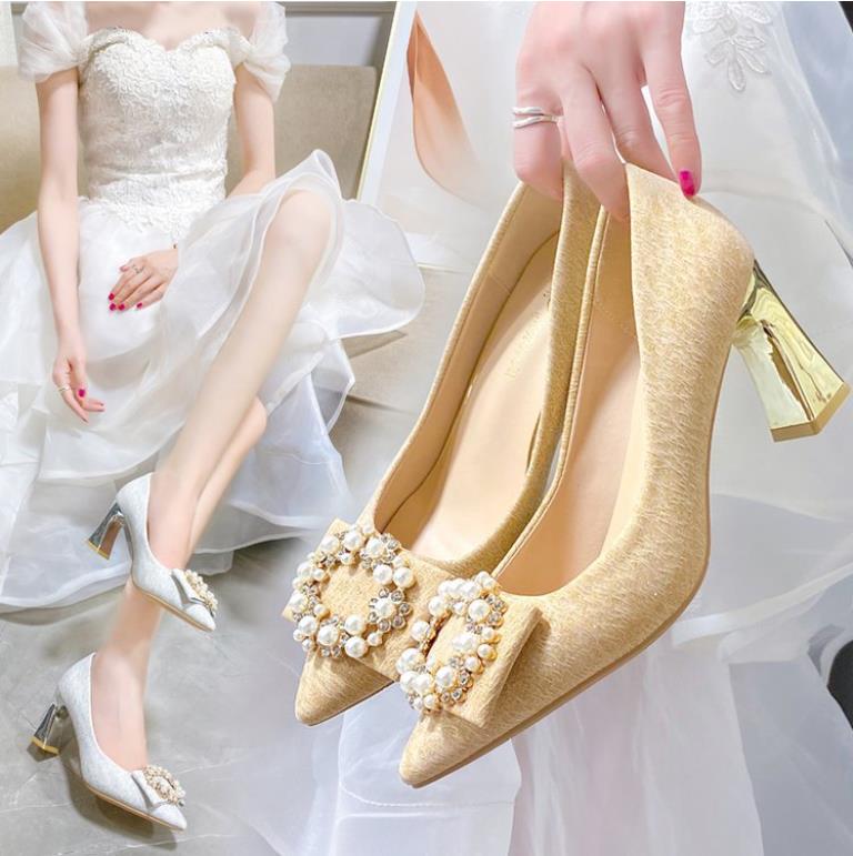 Women's High-Heeled Pumps with Chunky Heels, Open-Toe Design and Pearl Buckle – Fashionable Bridesmaid and Party Shoes