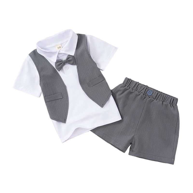 Boys' summer A class cotton suit vest false two-piece short sleeve + shorts two-piece kit