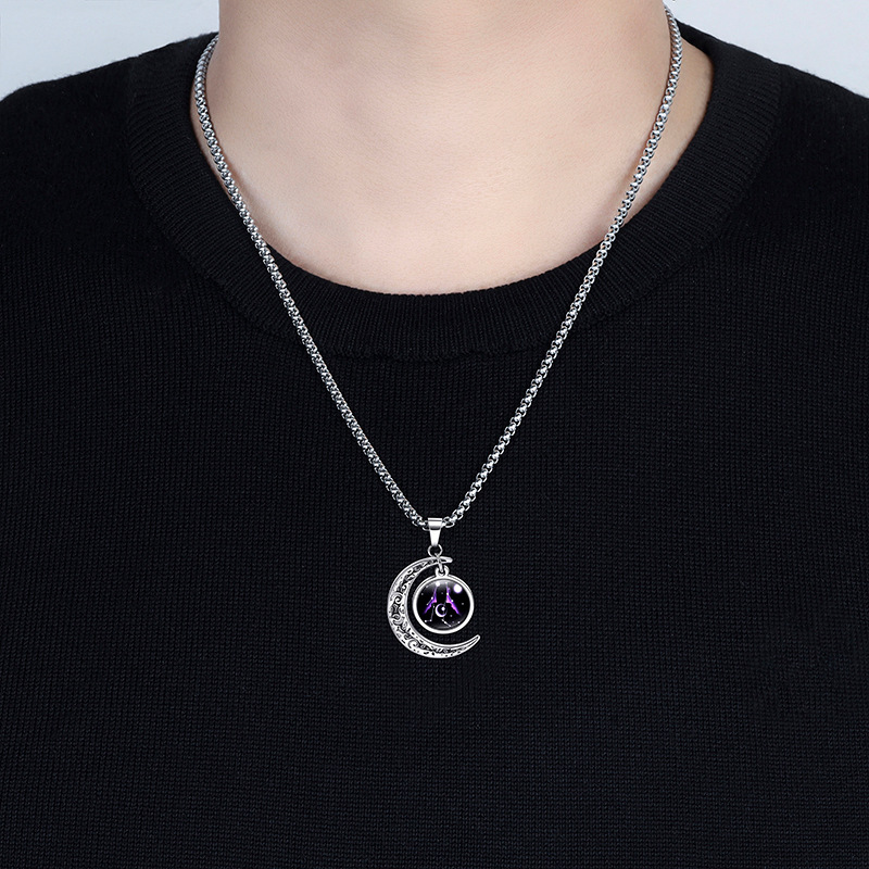 12 Zodiac Signs Moon Glow Titanium Steel Men's Necklace with Stainless Steel Pendant – Colour-Fast Jewellery