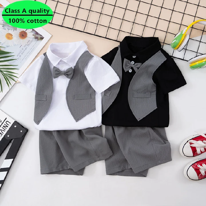 Boys' summer A class cotton suit vest false two-piece short sleeve + shorts two-piece kit