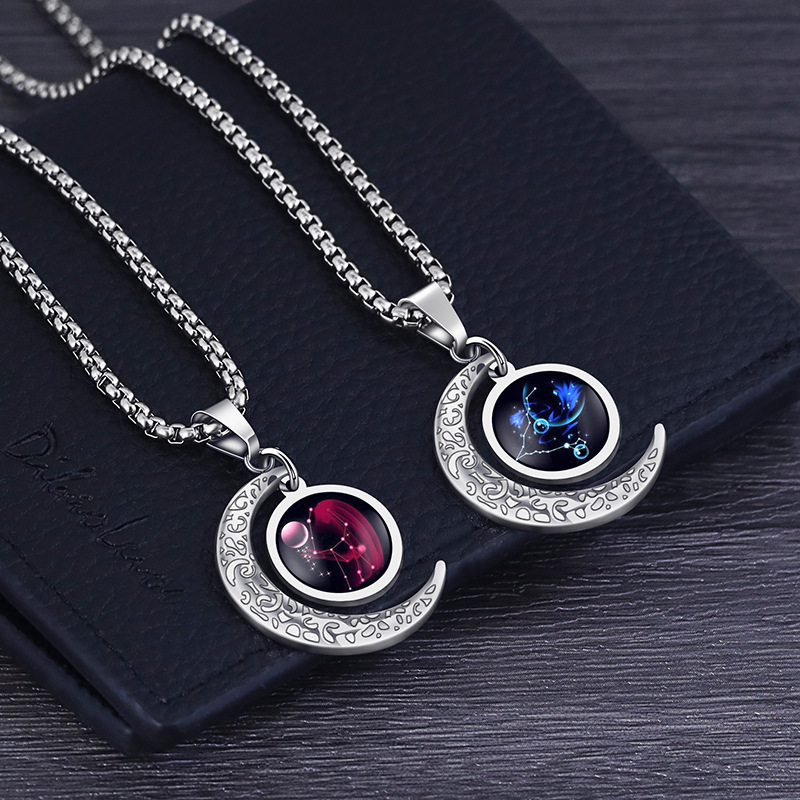 12 Zodiac Signs Moon Glow Titanium Steel Men's Necklace with Stainless Steel Pendant – Colour-Fast Jewellery