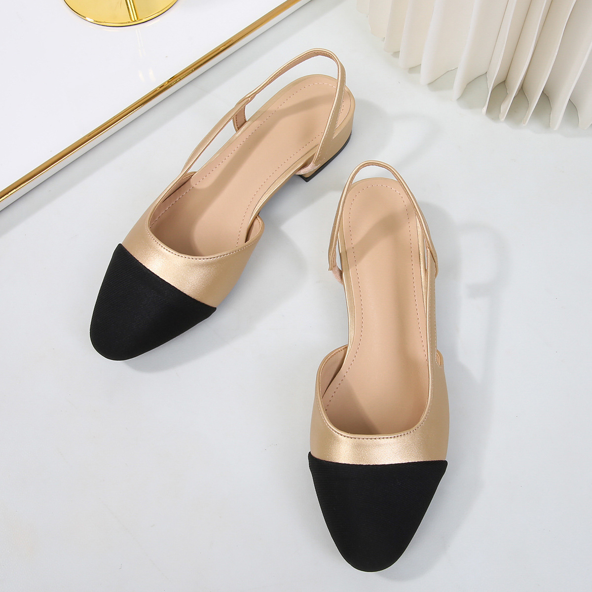 Women's Low-Heeled Open-Back Toe Sandals, Women's Flat Colour-Blocked Chunky-Heeled Pumps