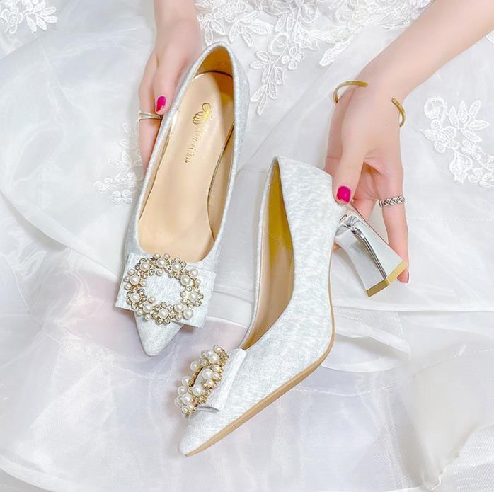 Women's High-Heeled Pumps with Chunky Heels, Open-Toe Design and Pearl Buckle – Fashionable Bridesmaid and Party Shoes
