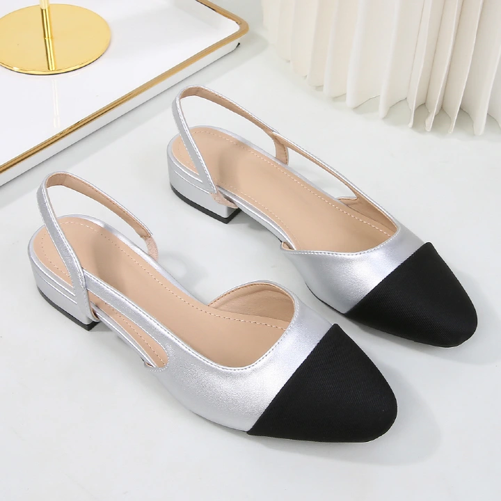 Women's Low-Heeled Open-Back Toe Sandals, Women's Flat Colour-Blocked Chunky-Heeled Pumps