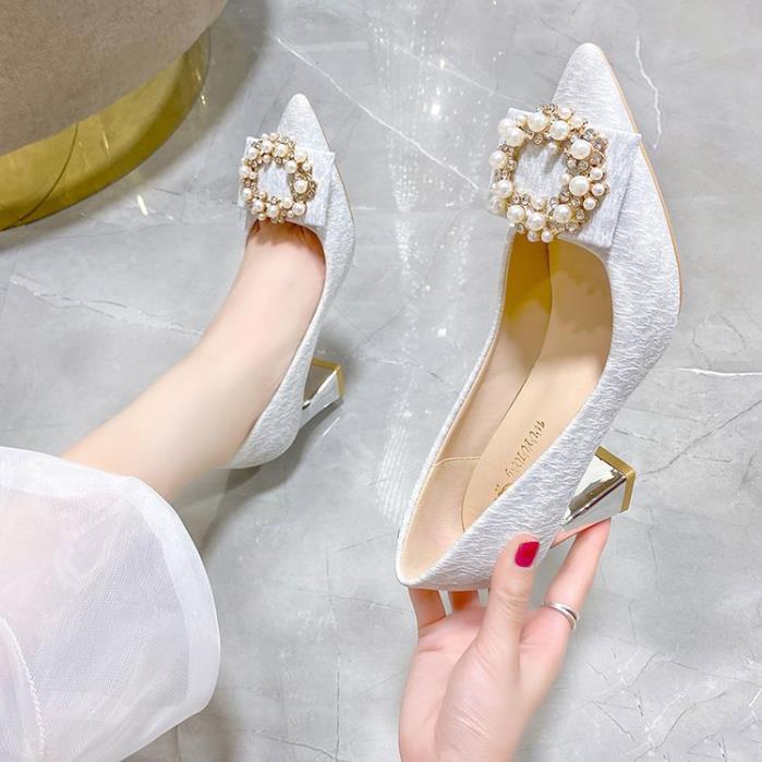 Women's High-Heeled Pumps with Chunky Heels, Open-Toe Design and Pearl Buckle – Fashionable Bridesmaid and Party Shoes