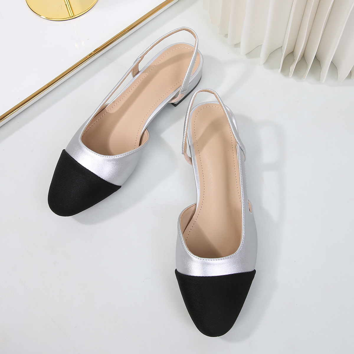 Women's Low-Heeled Open-Back Toe Sandals, Women's Flat Colour-Blocked Chunky-Heeled Pumps
