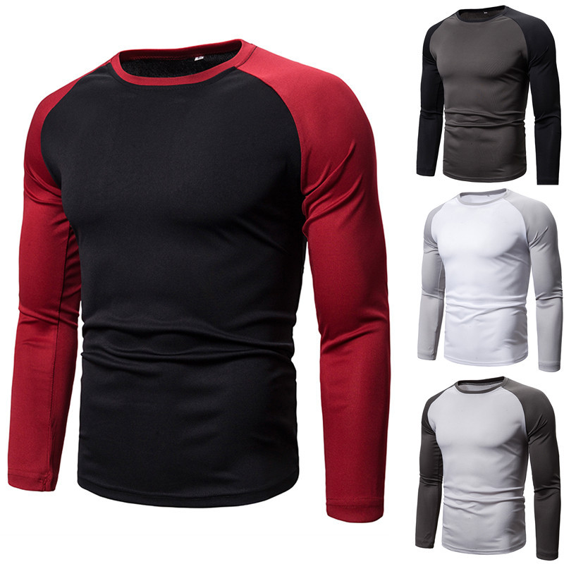 Men's Colour-Blocked Long-Sleeve T-Shirt, Round-Neck Men's T-Shirt, Versatile Geometric Colour-Blocked Top, Men's Wear