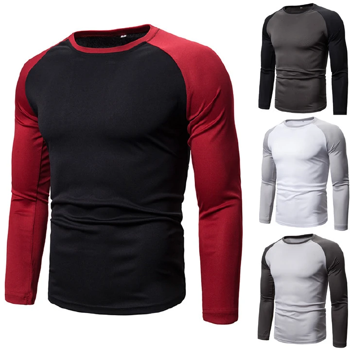 Men's Colour-Blocked Long-Sleeve T-Shirt, Round-Neck Men's T-Shirt, Versatile Geometric Colour-Blocked Top, Men's Wear