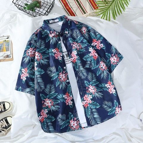 Large men's loose short sleeved shirt, Hawaiian beach flower shirt, harbor style retro shirt jacket, men's clothing