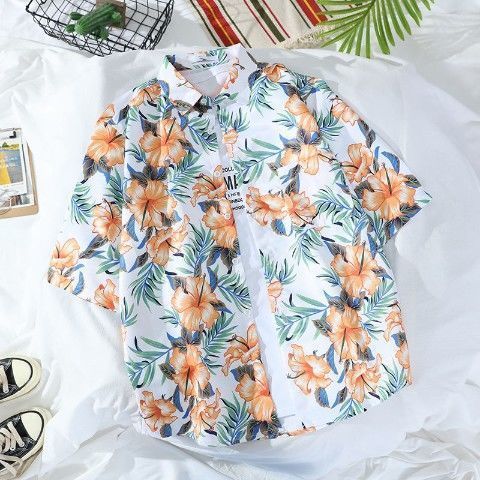 Large men's loose short sleeved shirt, Hawaiian beach flower shirt, harbor style retro shirt jacket, men's clothing
