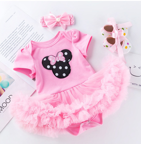 3-piece birthday outfit set for baby girls: short-sleeved romper dress, first birthday dress, and toddler shoes