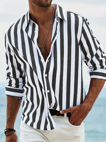 Men’s Casual Loose-Fit Long-Sleeved Shirt, Striped Shirt, Non-Iron, Crease-Resistant Shirt, Men’s Wear