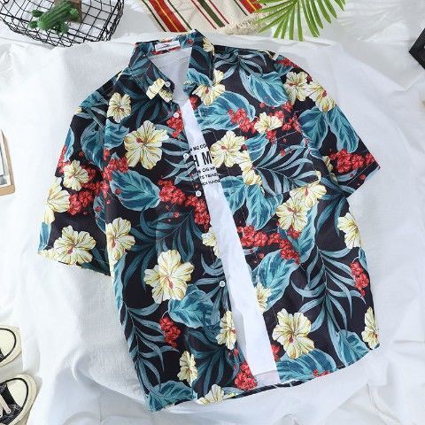 Large men's loose short sleeved shirt, Hawaiian beach flower shirt, harbor style retro shirt jacket, men's clothing