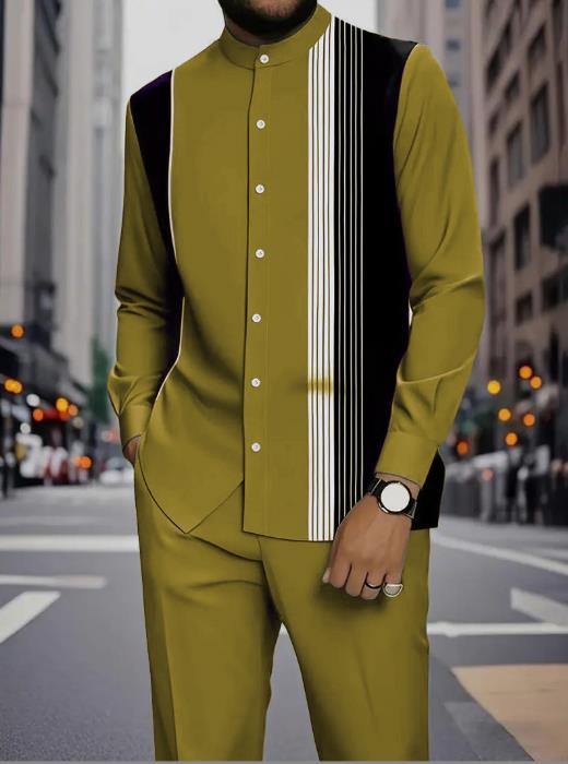 Men's Casual Printed Ethnic-Style Stand-Collar Shirt and Trousers Set