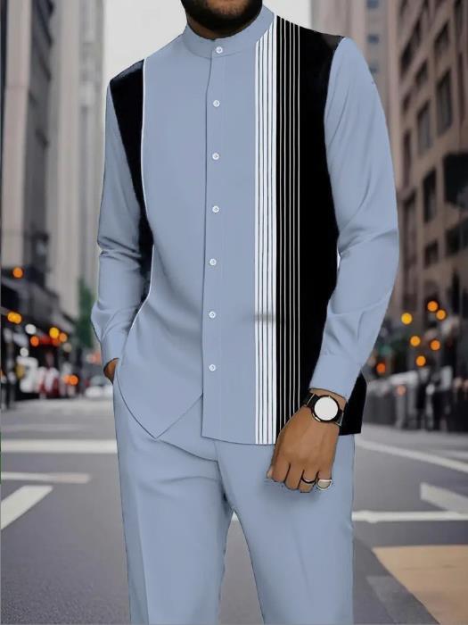Men's Casual Printed Ethnic-Style Stand-Collar Shirt and Trousers Set