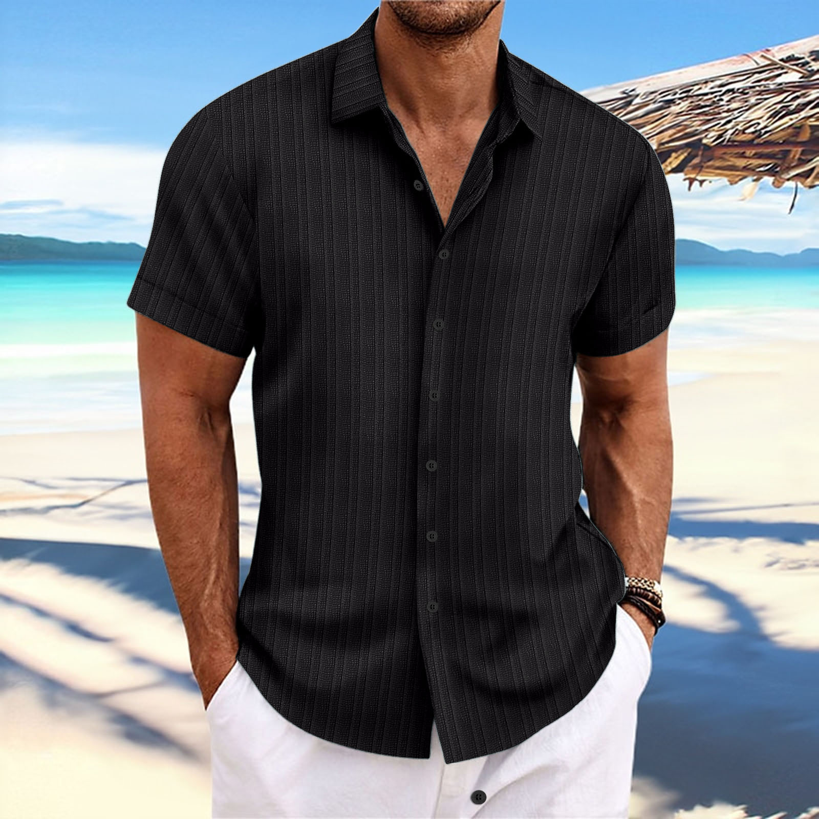 Men's casual non ironing short sleeved shirt, business work shirt, cotton linen jacquard shirt, men's clothing