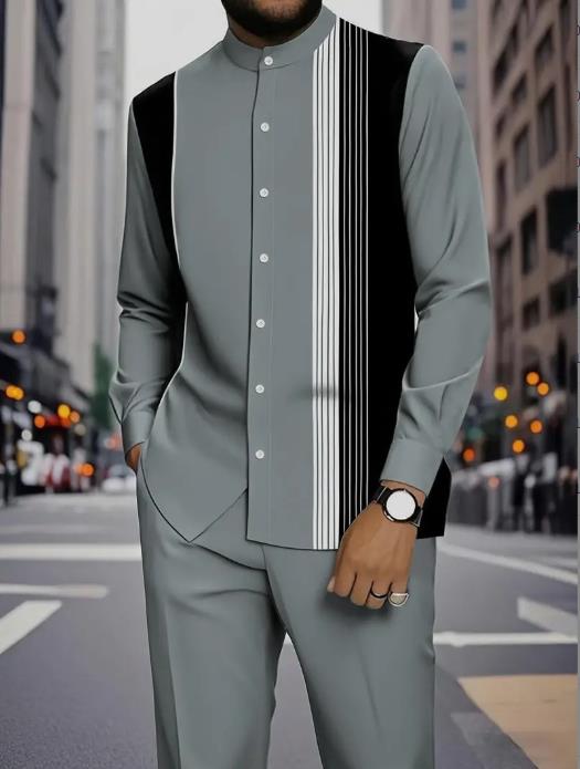 Men's Casual Printed Ethnic-Style Stand-Collar Shirt and Trousers Set